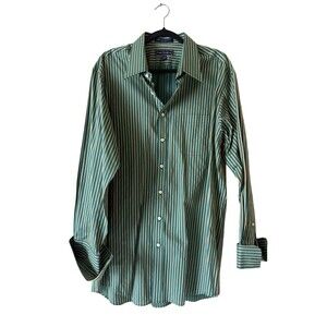 Paul Frederick Trim Fit French Cuff Shirt Mens Green Gold Striped 17.5-34